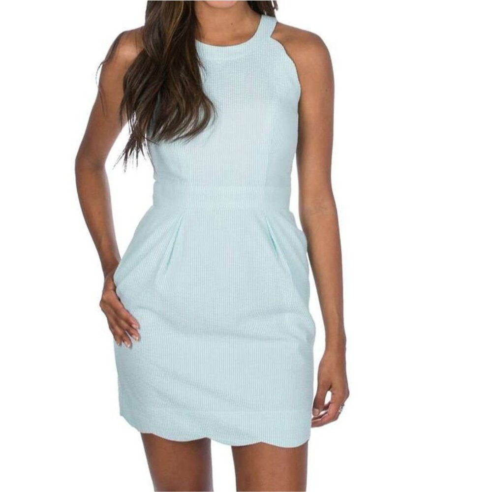 Lauren James Landry Mint Seersucker Dress, Halter Neck, Keyhole Back, Scalloped